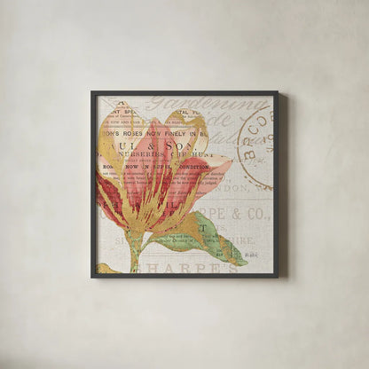 Bookshelf Botanical III by Katie Pertiet. Shown in a sleek black glass frame for a contemporary gallery look. Available as an archival giclee rolled canvas, fine art paper, or poster print. SKU 29054a.