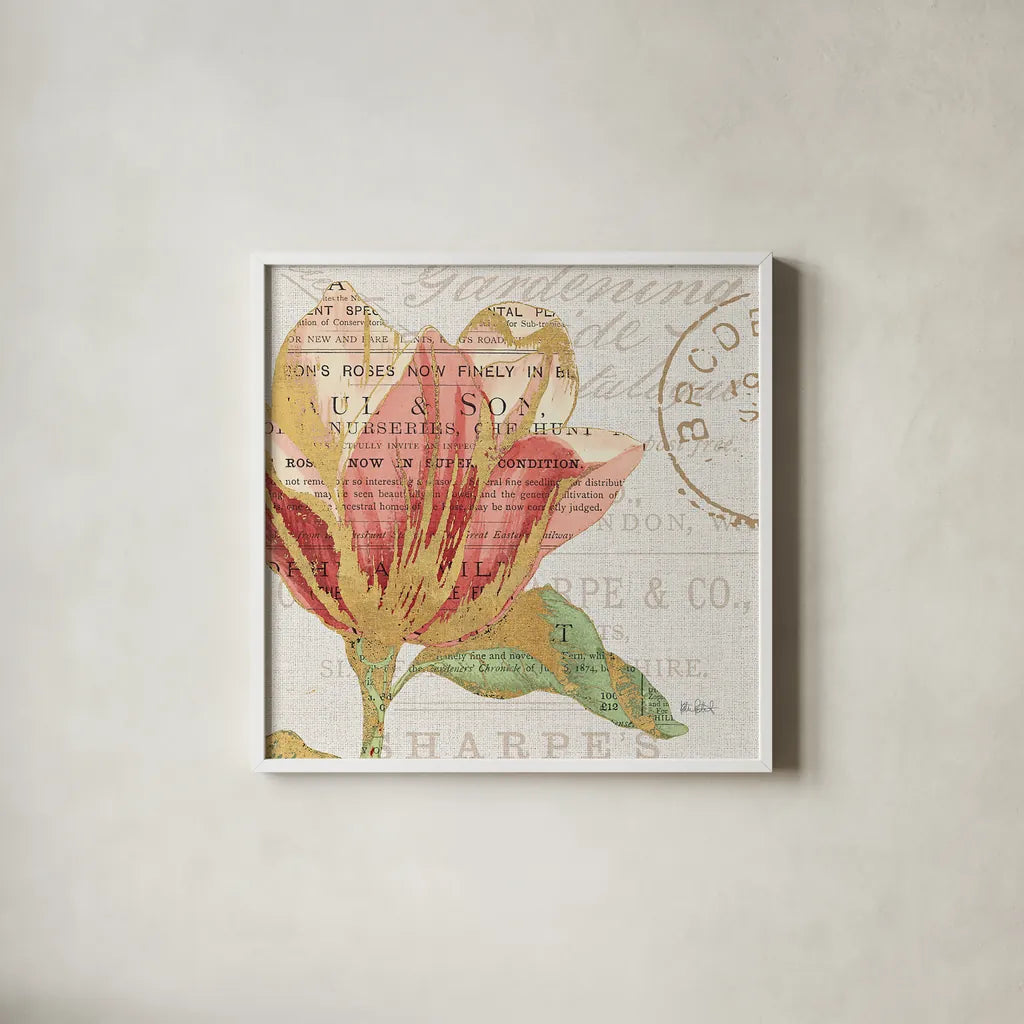 Bookshelf Botanical III by Katie Pertiet. Shown in a crisp white glass frame for a clean and minimalist style. Available as an archival giclee rolled canvas, fine art paper, or poster print. SKU 29054a.