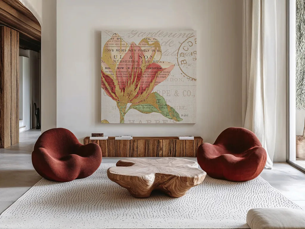 Bookshelf Botanical III by Katie Pertiet. Shown as extra-large giant wall art in a modern living room. Available as an archival giclee rolled canvas, fine art paper, or poster print. SKU 29054a.