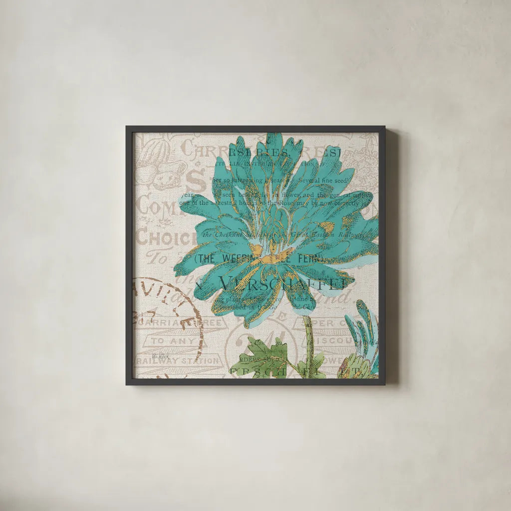 Bookshelf Botanical IV by Katie Pertiet. Shown in a sleek black glass frame for a contemporary gallery look. Available as an archival giclee rolled canvas, fine art paper, or poster print. SKU 29055a.