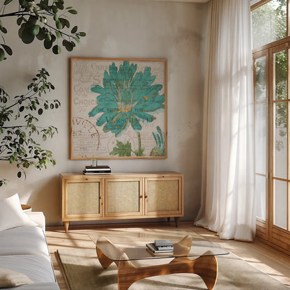 Bookshelf Botanical IV by Katie Pertiet. Shown in a natural wood frame in a cozy modern living room. Available as an archival giclee rolled canvas, fine art paper, or poster print. SKU 29055a.