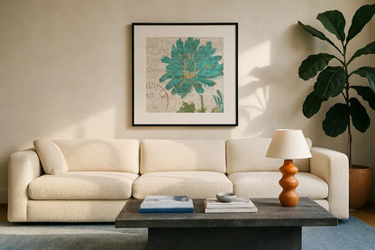 Bookshelf Botanical IV by Katie Pertiet. Displayed in a glass frame with matte in a clean modern living room. Available as an archival giclee rolled canvas, fine art paper, or poster print. SKU 29055a.