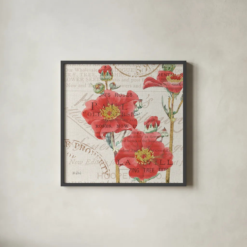 Bookshelf Botanical V by Katie Pertiet. Shown in a sleek black glass frame for a contemporary gallery look. Available as an archival giclee rolled canvas, fine art paper, or poster print. SKU 29056a.