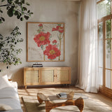 Bookshelf Botanical V by Katie Pertiet. Shown in a natural wood frame in a cozy modern living room. Available as an archival giclee rolled canvas, fine art paper, or poster print. SKU 29056a.