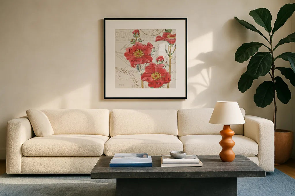 Bookshelf Botanical V by Katie Pertiet. Displayed in a glass frame with matte in a clean modern living room. Available as an archival giclee rolled canvas, fine art paper, or poster print. SKU 29056a.