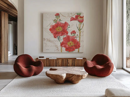 Bookshelf Botanical V by Katie Pertiet. Shown as extra-large giant wall art in a modern living room. Available as an archival giclee rolled canvas, fine art paper, or poster print. SKU 29056a.