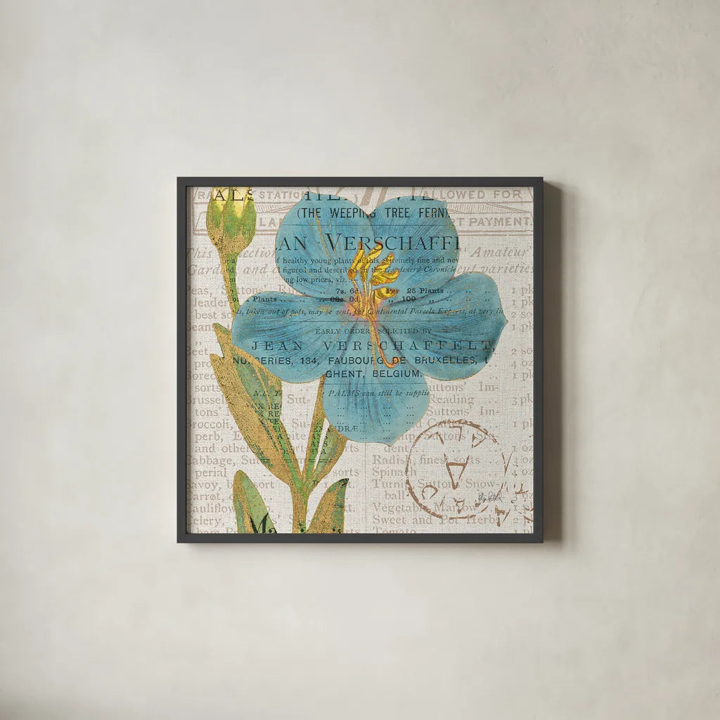 Bookshelf Botanical VI by Katie Pertiet. Shown in a sleek black glass frame for a contemporary gallery look. Available as an archival giclee rolled canvas, fine art paper, or poster print. SKU 29057a.