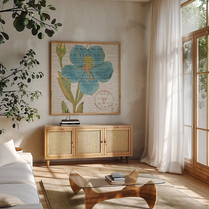 Bookshelf Botanical VI by Katie Pertiet. Shown in a natural wood frame in a cozy modern living room. Available as an archival giclee rolled canvas, fine art paper, or poster print. SKU 29057a.