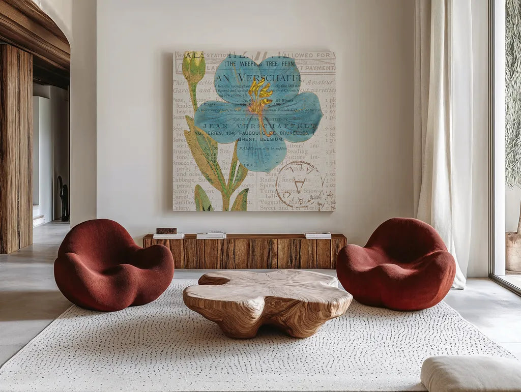 Bookshelf Botanical VI by Katie Pertiet. Shown as extra-large giant wall art in a modern living room. Available as an archival giclee rolled canvas, fine art paper, or poster print. SKU 29057a.