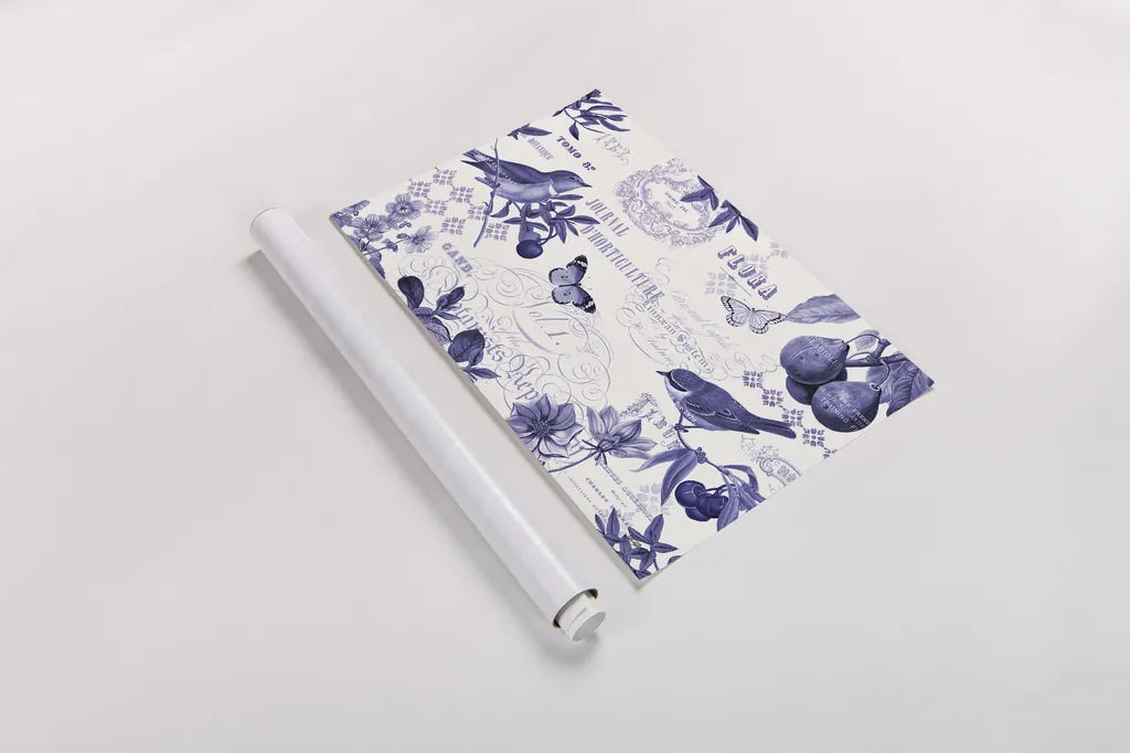 Botanical Blue I by Katie Pertiet. shown as a rolled paper print. Available as archival giclee rolled canvas, fine art paper, or poster print. SKU 42172i.