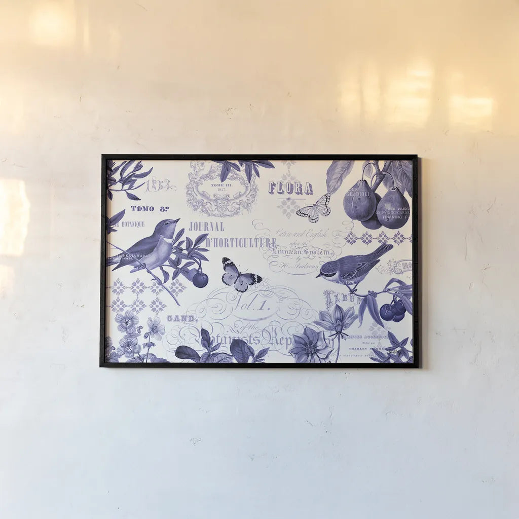 Botanical Blue I by Katie Pertiet. shown as a paper print in a black flame. Available as a archival giclee rolled canvas, fine art paper, or poster print. SKU 42172i.