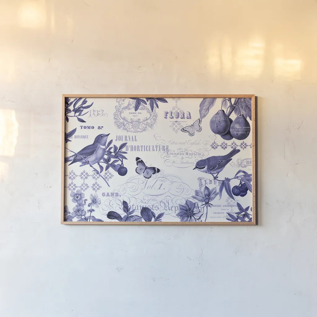 Botanical Blue I by Katie Pertiet. shown as a paper print in a natural frame. Available as a archival giclee rolled canvas, fine art paper, or poster print. SKU 42172i.