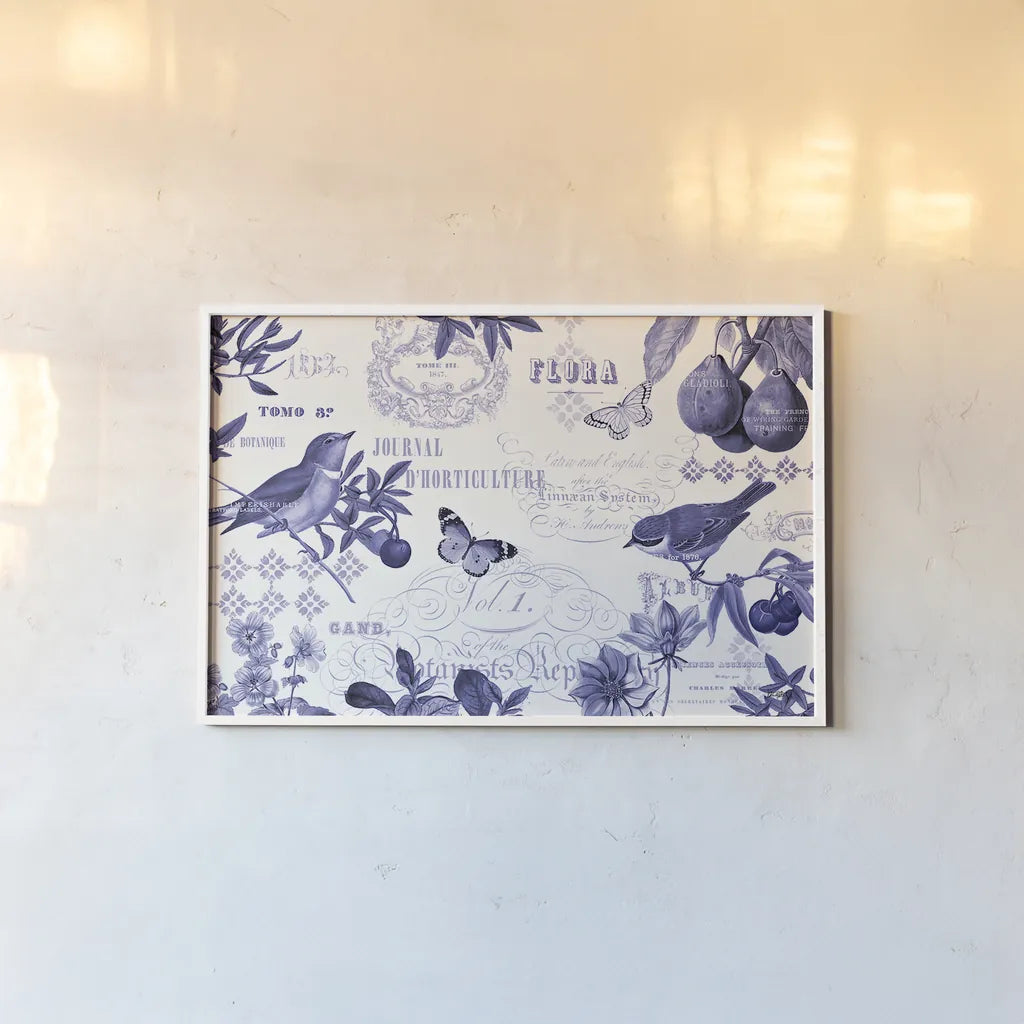 Botanical Blue I by Katie Pertiet. shown as a paper print in a white frame. Available as a archival giclee rolled canvas, fine art paper, or poster print. SKU 42172i.