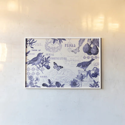 Botanical Blue I by Katie Pertiet. shown as a paper print in a white frame. Available as a archival giclee rolled canvas, fine art paper, or poster print. SKU 42172i.