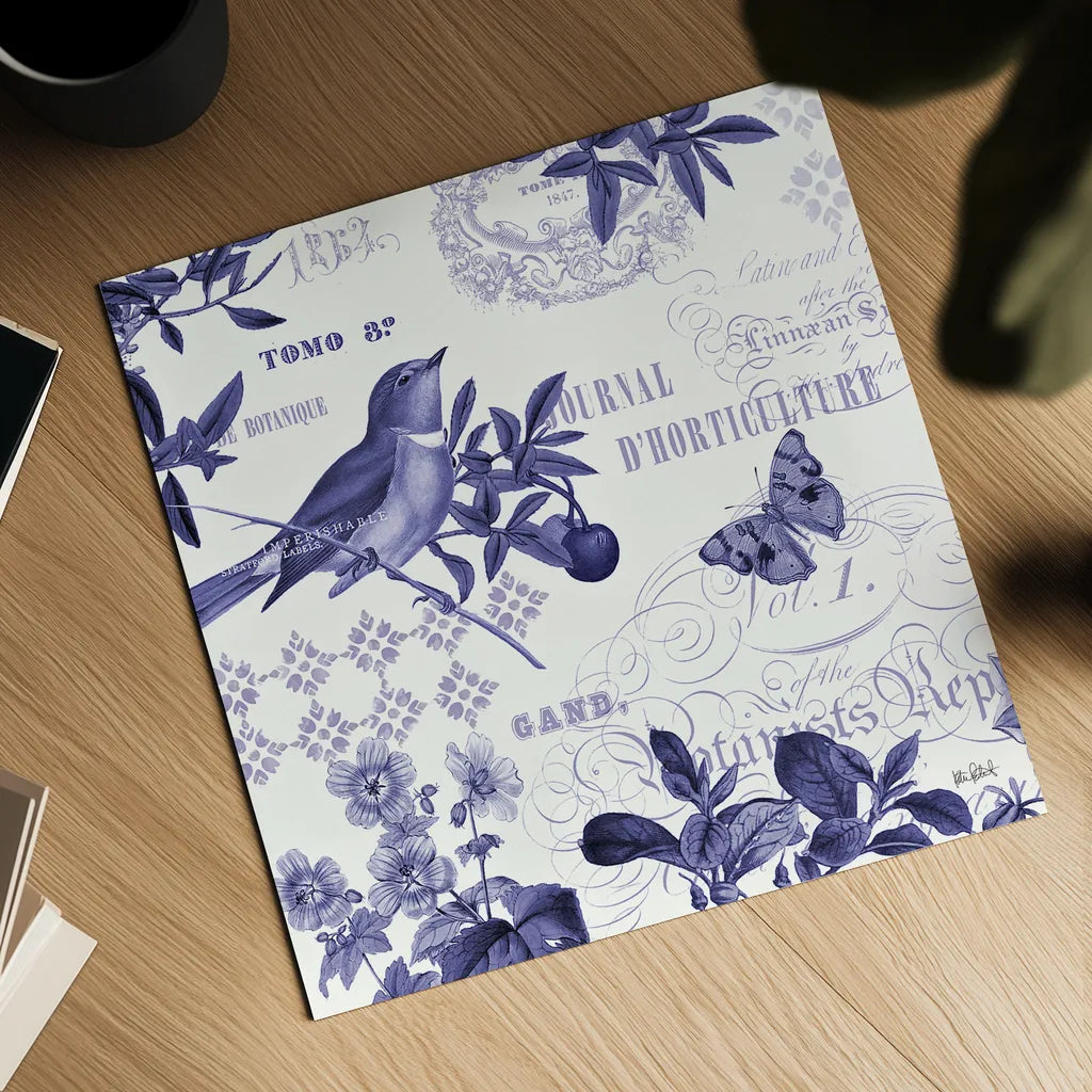 Botanical Blue II by Katie Pertiet. Shown as a detailed flat fine art print, highlighting archival giclee quality. Available as an archival giclee rolled canvas, fine art paper, or poster print. SKU 42173a.