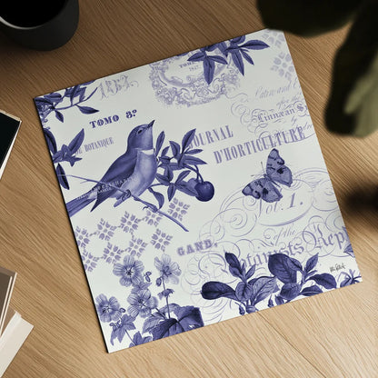 Botanical Blue II by Katie Pertiet. Shown as a detailed flat fine art print, highlighting archival giclee quality. Available as an archival giclee rolled canvas, fine art paper, or poster print. SKU 42173a.