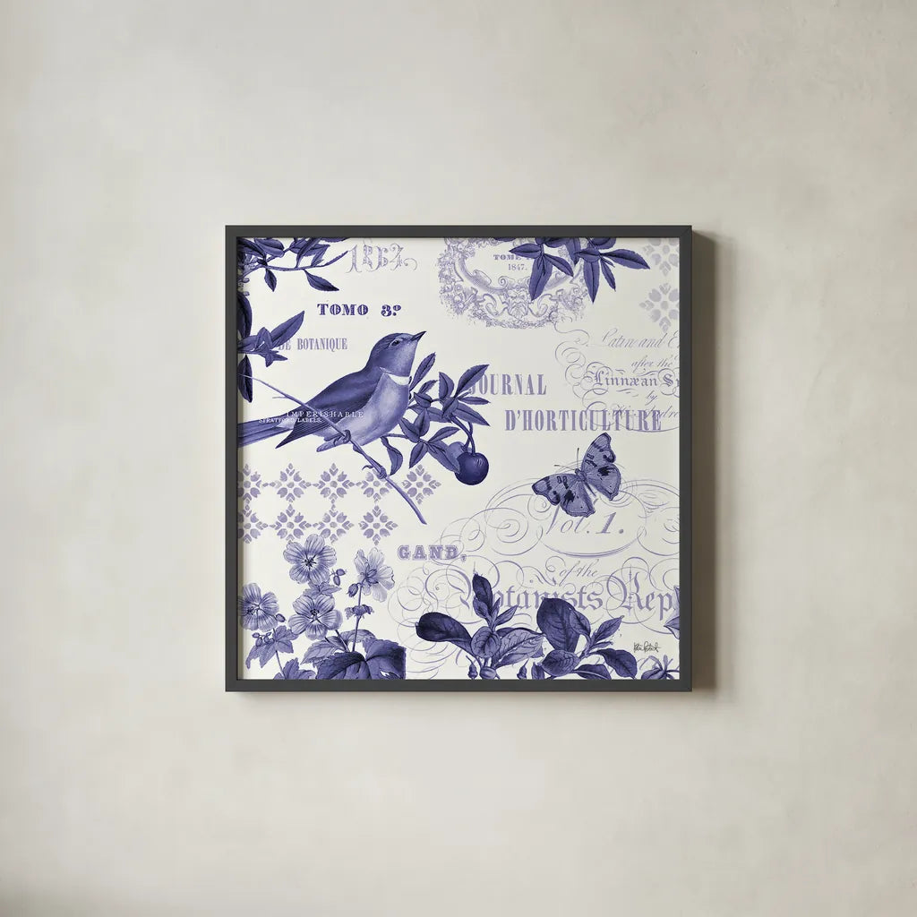 Botanical Blue II by Katie Pertiet. Shown in a sleek black glass frame for a contemporary gallery look. Available as an archival giclee rolled canvas, fine art paper, or poster print. SKU 42173a.