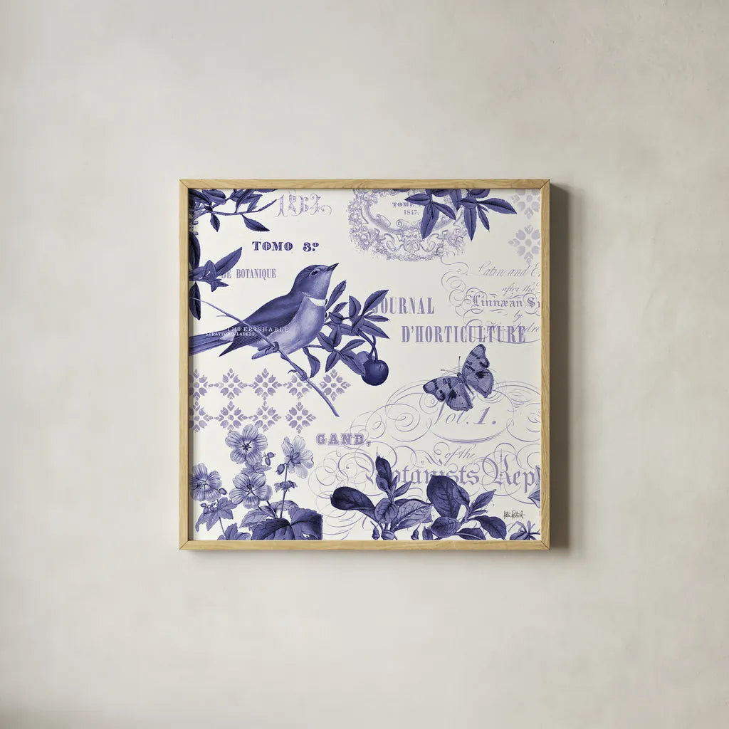 Botanical Blue II by Katie Pertiet. Shown in a natural wood glass frame for a timeless modern aesthetic. Available as an archival giclee rolled canvas, fine art paper, or poster print. SKU 42173a.