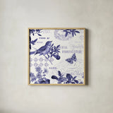 Botanical Blue II by Katie Pertiet. Shown in a natural wood glass frame for a timeless modern aesthetic. Available as an archival giclee rolled canvas, fine art paper, or poster print. SKU 42173a.