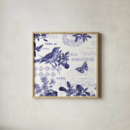 Botanical Blue II by Katie Pertiet. Shown in a natural wood glass frame for a timeless modern aesthetic. Available as an archival giclee rolled canvas, fine art paper, or poster print. SKU 42173a.