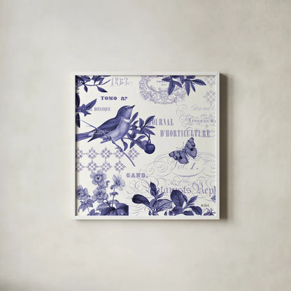 Botanical Blue II by Katie Pertiet. Shown in a crisp white glass frame for a clean and minimalist style. Available as an archival giclee rolled canvas, fine art paper, or poster print. SKU 42173a.