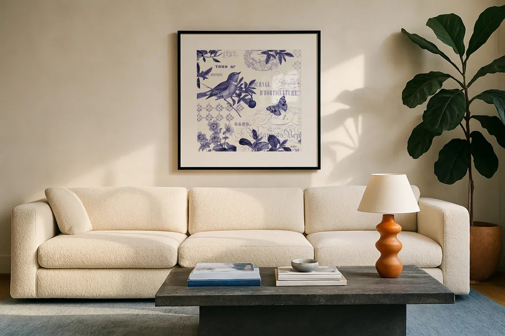 Botanical Blue II by Katie Pertiet. Displayed in a glass frame with matte in a clean modern living room. Available as an archival giclee rolled canvas, fine art paper, or poster print. SKU 42173a.
