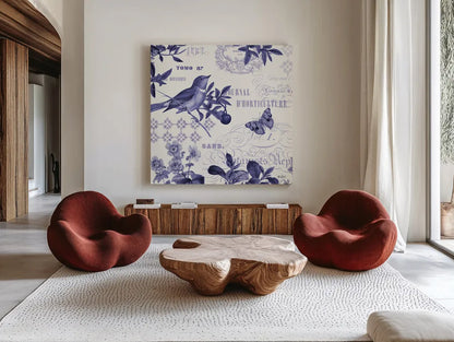 Botanical Blue II by Katie Pertiet. Shown as extra-large giant wall art in a modern living room. Available as an archival giclee rolled canvas, fine art paper, or poster print. SKU 42173a.
