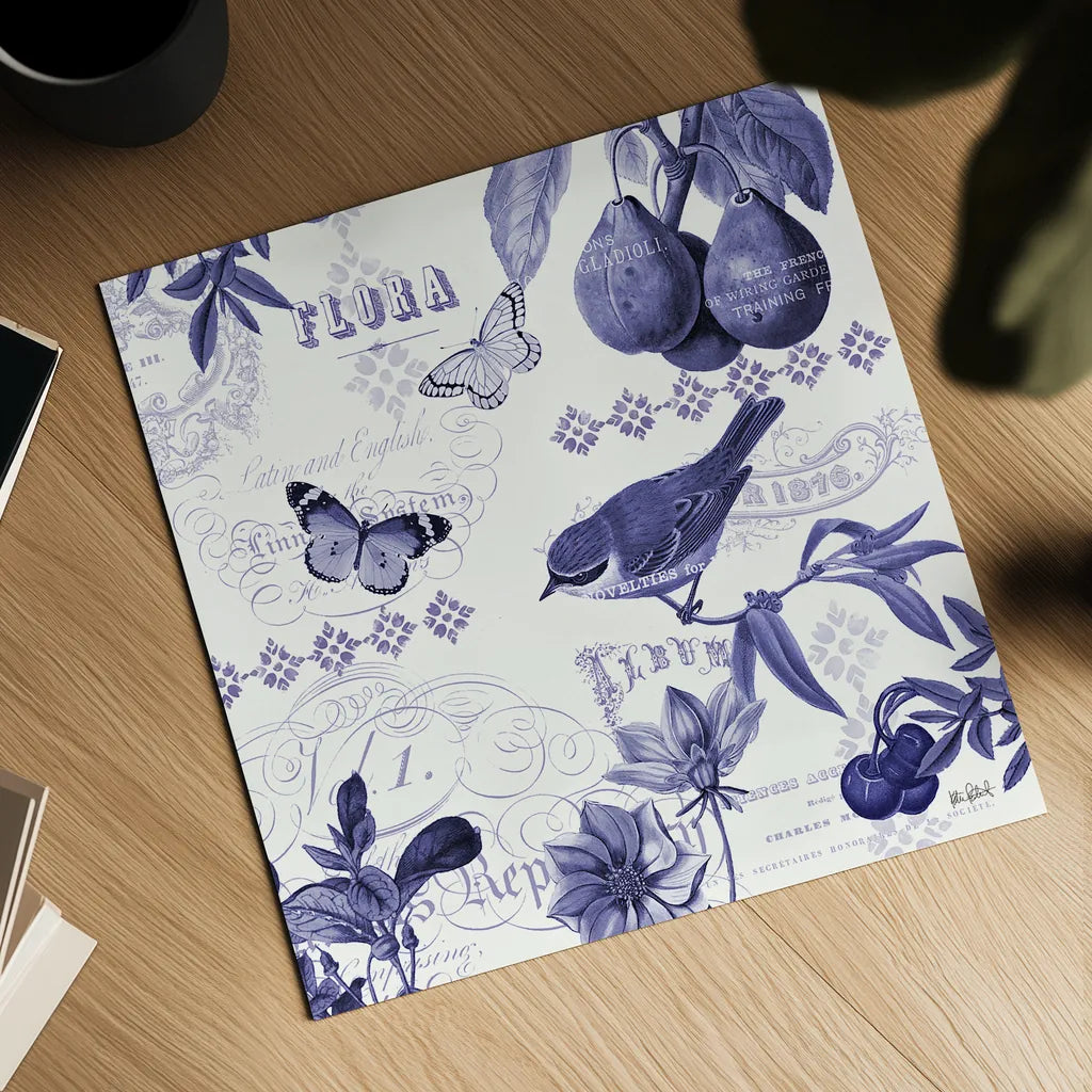 Botanical Blue III by Katie Pertiet. Shown as a detailed flat fine art print, highlighting archival giclee quality. Available as an archival giclee rolled canvas, fine art paper, or poster print. SKU 42174a.