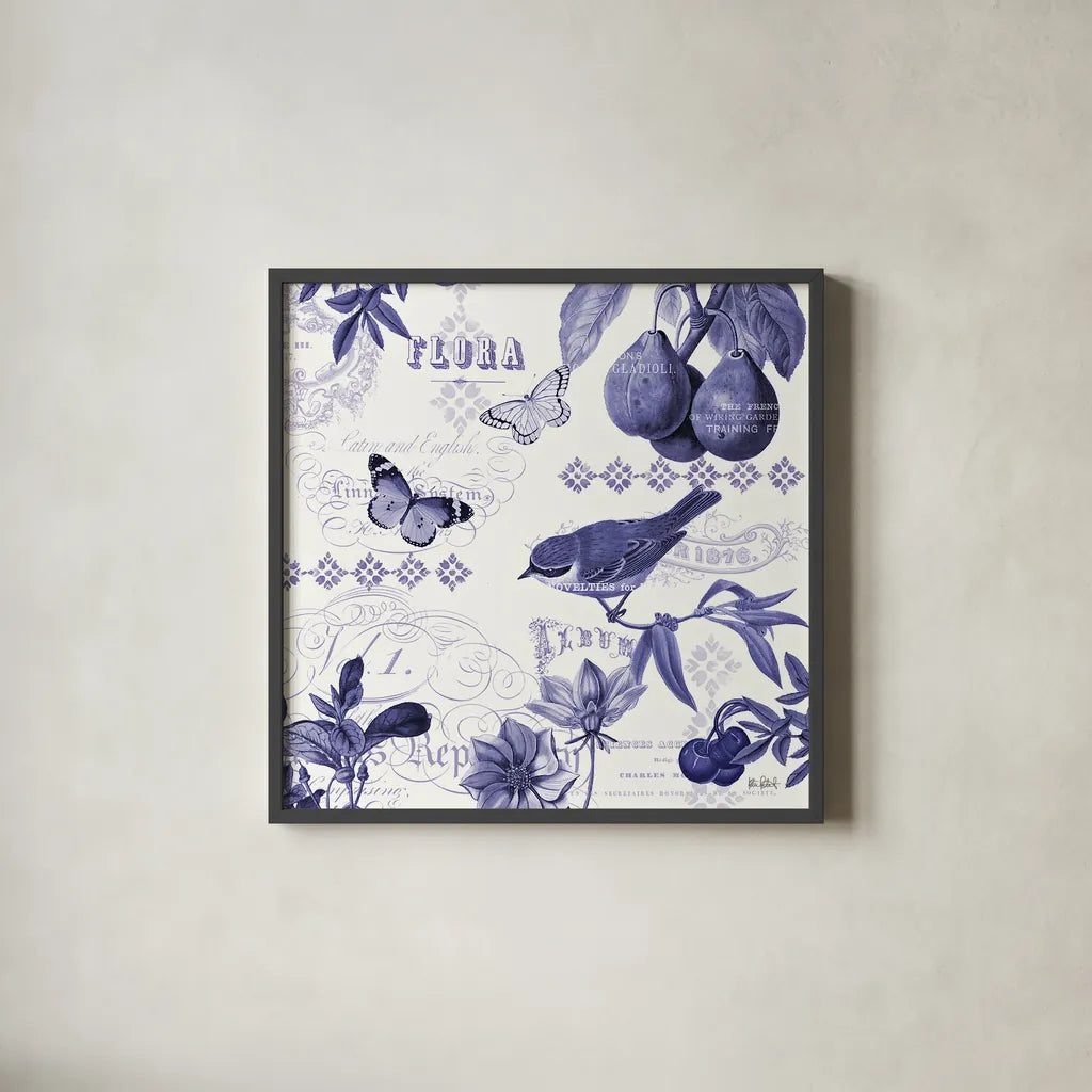 Botanical Blue III by Katie Pertiet. Shown in a sleek black glass frame for a contemporary gallery look. Available as an archival giclee rolled canvas, fine art paper, or poster print. SKU 42174a.