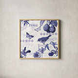 Botanical Blue III by Katie Pertiet. Shown in a natural wood glass frame for a timeless modern aesthetic. Available as an archival giclee rolled canvas, fine art paper, or poster print. SKU 42174a.