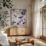 Botanical Blue III by Katie Pertiet. Shown in a natural wood frame in a cozy modern living room. Available as an archival giclee rolled canvas, fine art paper, or poster print. SKU 42174a.
