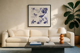Botanical Blue III by Katie Pertiet. Displayed in a glass frame with matte in a clean modern living room. Available as an archival giclee rolled canvas, fine art paper, or poster print. SKU 42174a.