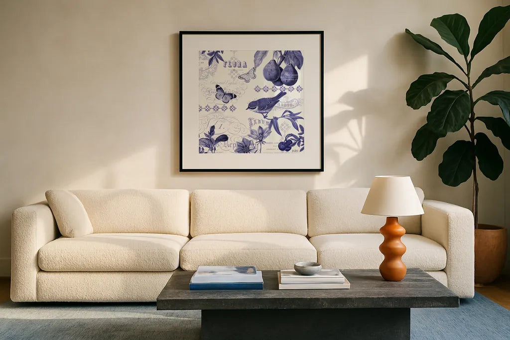 Botanical Blue III by Katie Pertiet. Displayed in a glass frame with matte in a clean modern living room. Available as an archival giclee rolled canvas, fine art paper, or poster print. SKU 42174a.