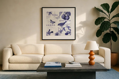 Botanical Blue III by Katie Pertiet. Displayed in a glass frame with matte in a clean modern living room. Available as an archival giclee rolled canvas, fine art paper, or poster print. SKU 42174a.