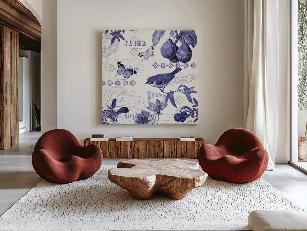 Botanical Blue III by Katie Pertiet. Shown as extra-large giant wall art in a modern living room. Available as an archival giclee rolled canvas, fine art paper, or poster print. SKU 42174a.