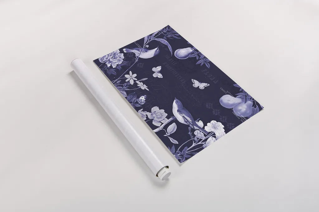 Botanical Blue IV by Katie Pertiet. shown as a rolled paper print. Available as archival giclee rolled canvas, fine art paper, or poster print. SKU 42175i.