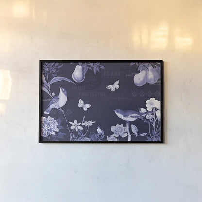 Botanical Blue IV by Katie Pertiet. shown as a paper print in a black flame. Available as a archival giclee rolled canvas, fine art paper, or poster print. SKU 42175i.