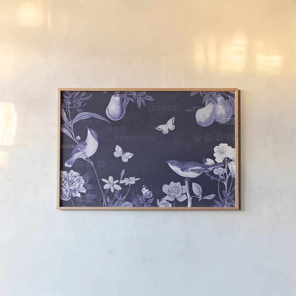 Botanical Blue IV by Katie Pertiet. shown as a paper print in a natural frame. Available as a archival giclee rolled canvas, fine art paper, or poster print. SKU 42175i.