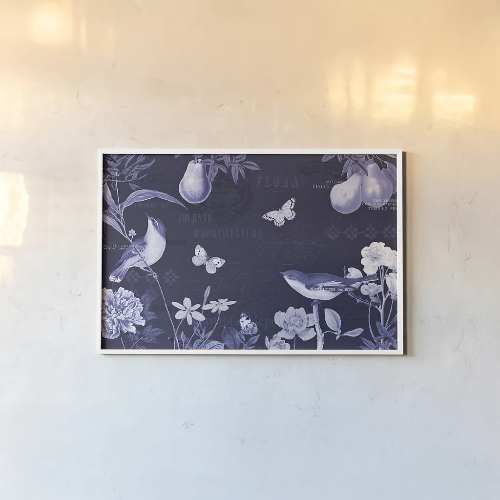 Botanical Blue IV by Katie Pertiet. shown as a paper print in a white frame. Available as a archival giclee rolled canvas, fine art paper, or poster print. SKU 42175i.