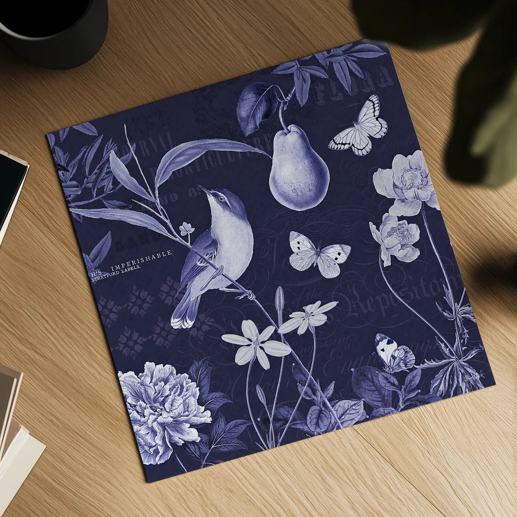 Botanical Blue V by Katie Pertiet. Shown as a detailed flat fine art print, highlighting archival giclee quality. Available as an archival giclee rolled canvas, fine art paper, or poster print. SKU 42176a.