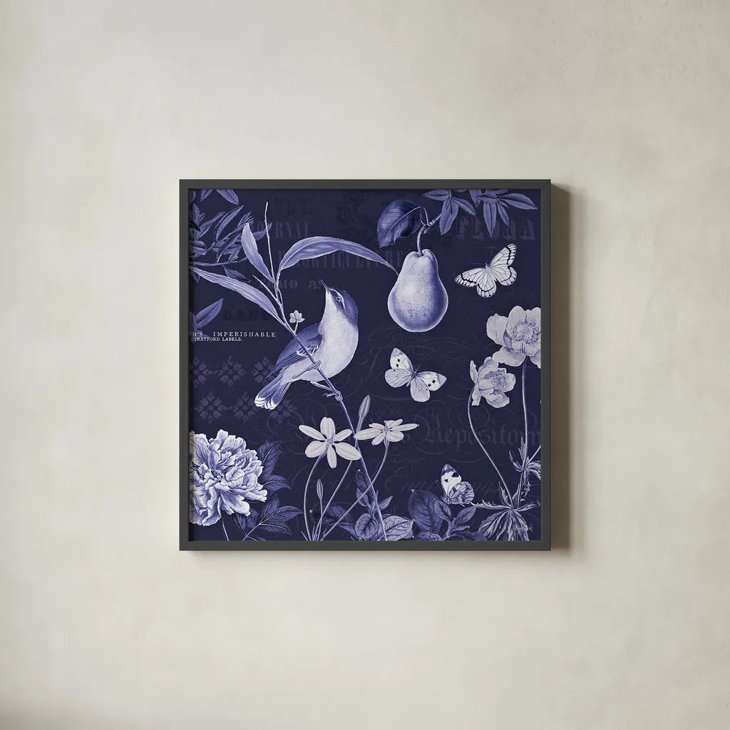 Botanical Blue V by Katie Pertiet. Shown in a sleek black glass frame for a contemporary gallery look. Available as an archival giclee rolled canvas, fine art paper, or poster print. SKU 42176a.