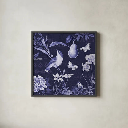 Botanical Blue V by Katie Pertiet. Shown in a sleek black glass frame for a contemporary gallery look. Available as an archival giclee rolled canvas, fine art paper, or poster print. SKU 42176a.