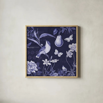 Botanical Blue V by Katie Pertiet. Shown in a natural wood glass frame for a timeless modern aesthetic. Available as an archival giclee rolled canvas, fine art paper, or poster print. SKU 42176a.