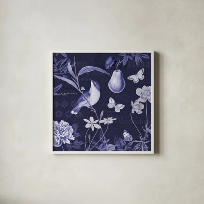 Botanical Blue V by Katie Pertiet. Shown in a crisp white glass frame for a clean and minimalist style. Available as an archival giclee rolled canvas, fine art paper, or poster print. SKU 42176a.