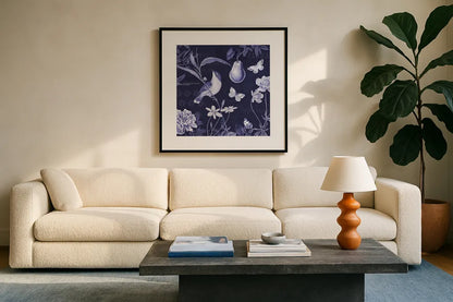 Botanical Blue V by Katie Pertiet. Displayed in a glass frame with matte in a clean modern living room. Available as an archival giclee rolled canvas, fine art paper, or poster print. SKU 42176a.