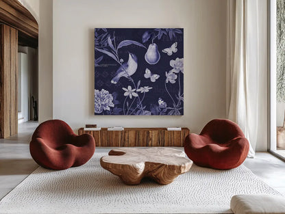 Botanical Blue V by Katie Pertiet. Shown as extra-large giant wall art in a modern living room. Available as an archival giclee rolled canvas, fine art paper, or poster print. SKU 42176a.