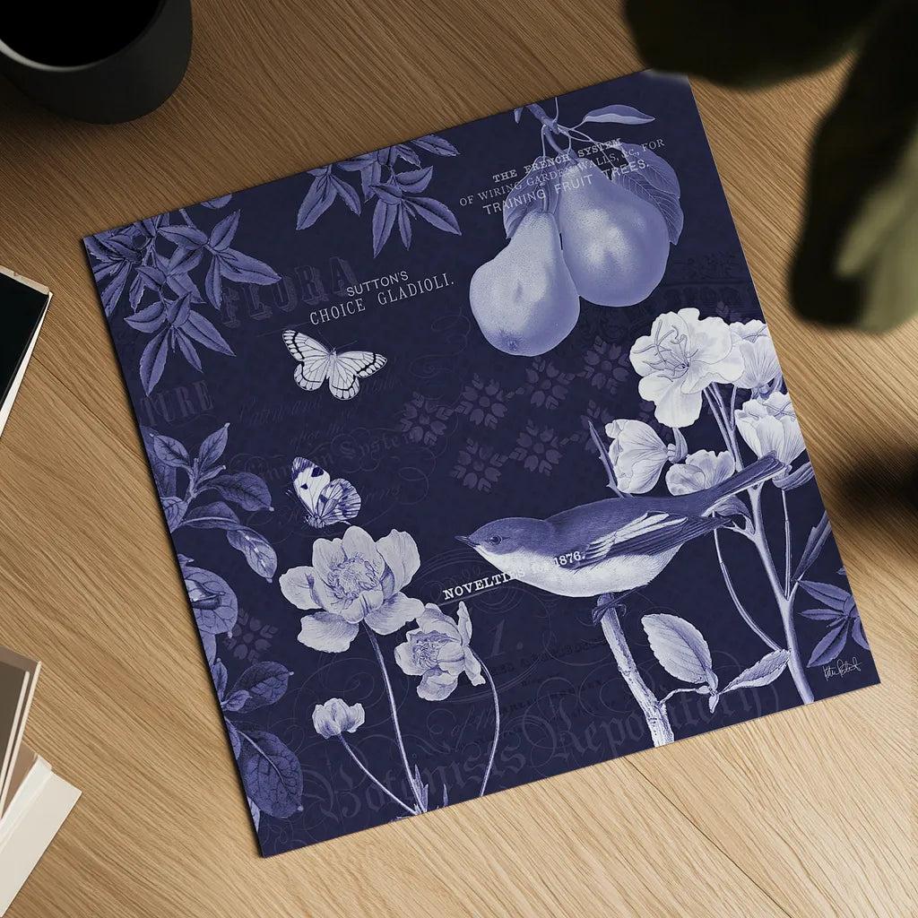 Botanical Blue VI by Katie Pertiet. Shown as a detailed flat fine art print, highlighting archival giclee quality. Available as an archival giclee rolled canvas, fine art paper, or poster print. SKU 42177a.