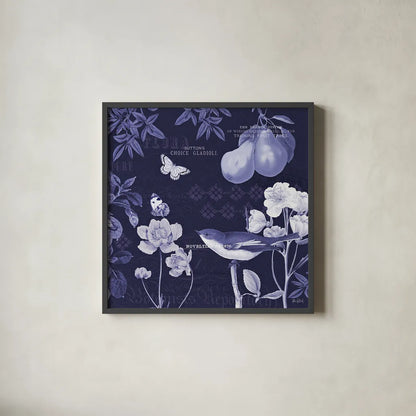 Botanical Blue VI by Katie Pertiet. Shown in a sleek black glass frame for a contemporary gallery look. Available as an archival giclee rolled canvas, fine art paper, or poster print. SKU 42177a.