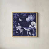 Botanical Blue VI by Katie Pertiet. Shown in a natural wood glass frame for a timeless modern aesthetic. Available as an archival giclee rolled canvas, fine art paper, or poster print. SKU 42177a.