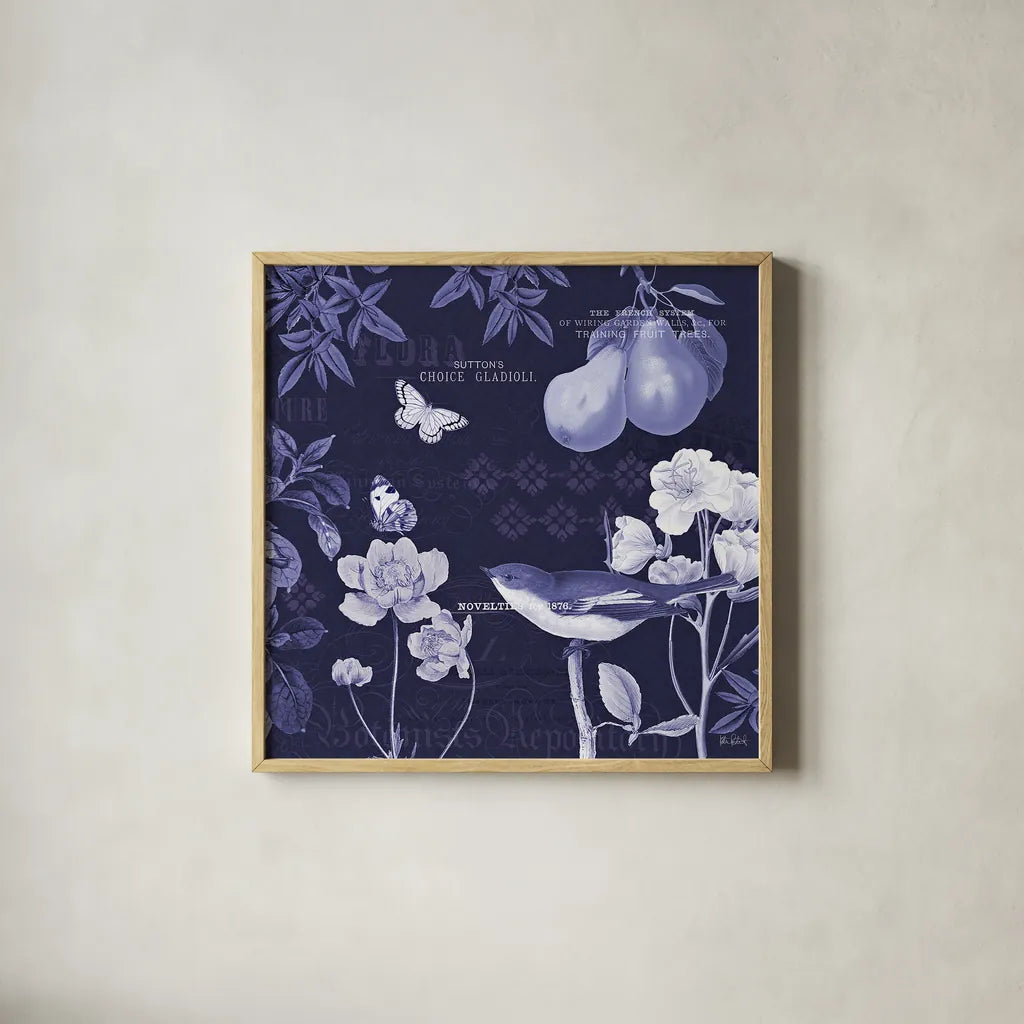 Botanical Blue VI by Katie Pertiet. Shown in a natural wood glass frame for a timeless modern aesthetic. Available as an archival giclee rolled canvas, fine art paper, or poster print. SKU 42177a.